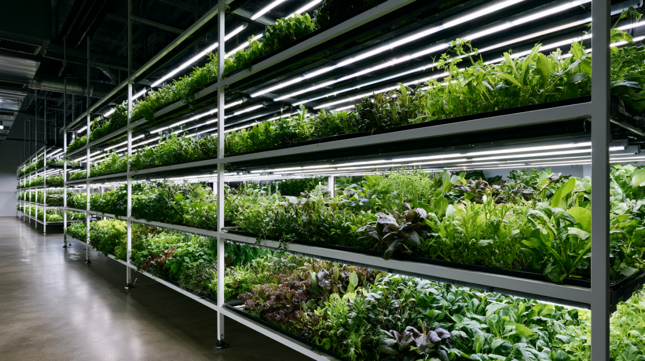 Multi-tier vertical farm interior with LED grow lights