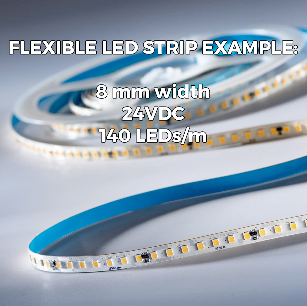 Custom Made Flexible White LED Strips, Made in Germany, Nichia/Cree/Samsung/Seoul LEDs, 12/24/48V, up to 164ft length & 0.2-0.79" width