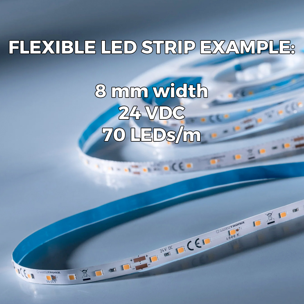 Custom Made Flexible White LED Strips, Made in Germany, Nichia/Cree/Samsung/Seoul LEDs, 12/24/48V, up to 164ft length & 0.2-0.79" width