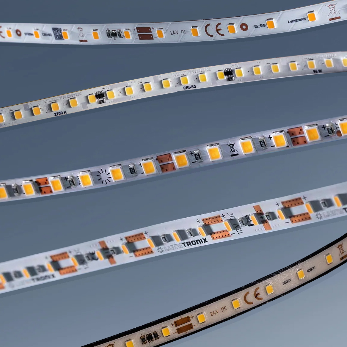 Custom Made Flexible White LED Strips, Made in Germany, Nichia/Cree/Samsung/Seoul LEDs, 12/24/48V, up to 164ft length & 0.2-0.79" width