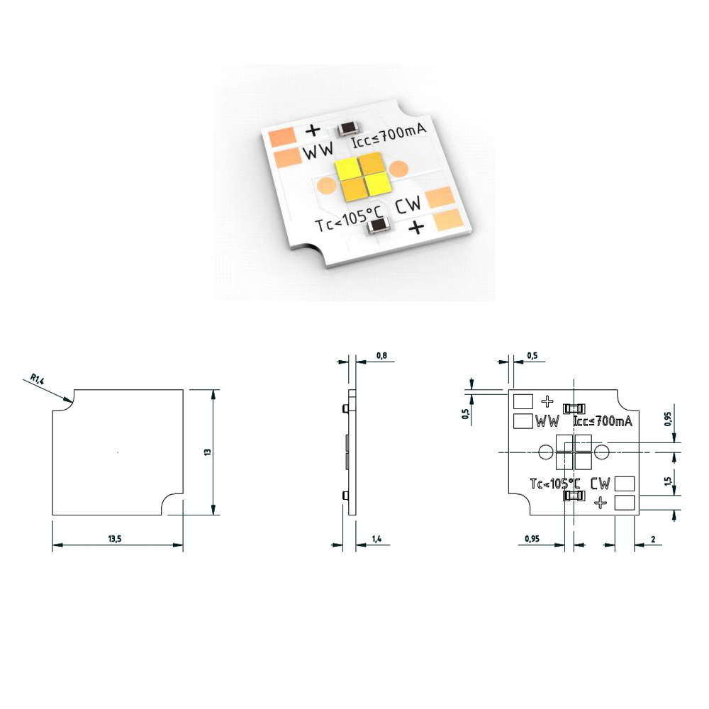 SmartArray-Q4-TW Configurable Nichia CSP LED Module 2 channel, TW, Dynasolis, Two Color, 4 LEDs, 0.51x0.51", Made in Germany (up to 450 lm)